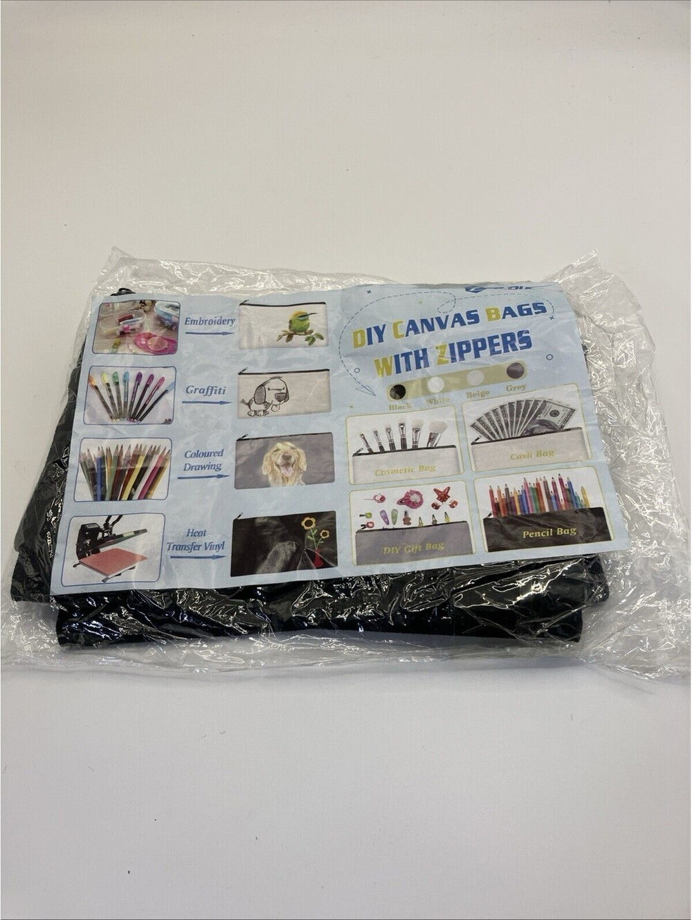 5 Pack Black Cotton Canvas DIY Craft Zipper Bags Pouches Pencil Case for Makeup
